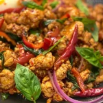 Juicy Spicy Thai Basil Chicken with garnishing and a fried egg on top.