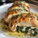 Juicy spinach stuffed chicken breast sliced to reveal creamy filling.