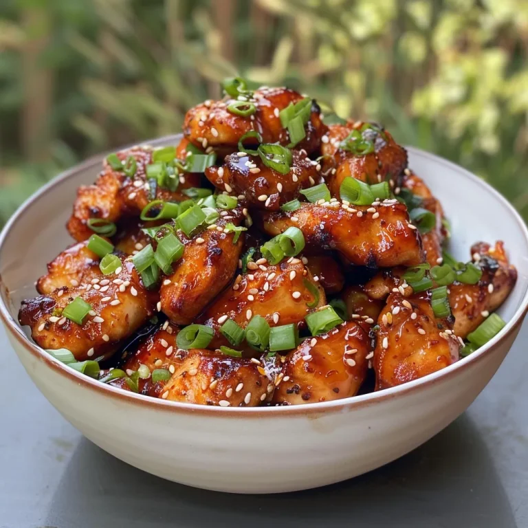 Close-up view of juicy Sticky Honey Gochujang Chicken with sesame seeds and green onions.