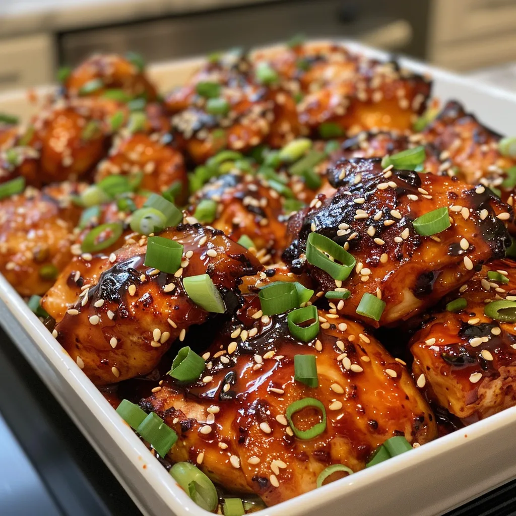 Side view of vibrant Sticky Honey Gochujang Chicken, glistening with sauce and garnished with scallions.
