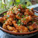 Close-up of a juicy Sticky Korean Chicken thigh with shiny glaze.