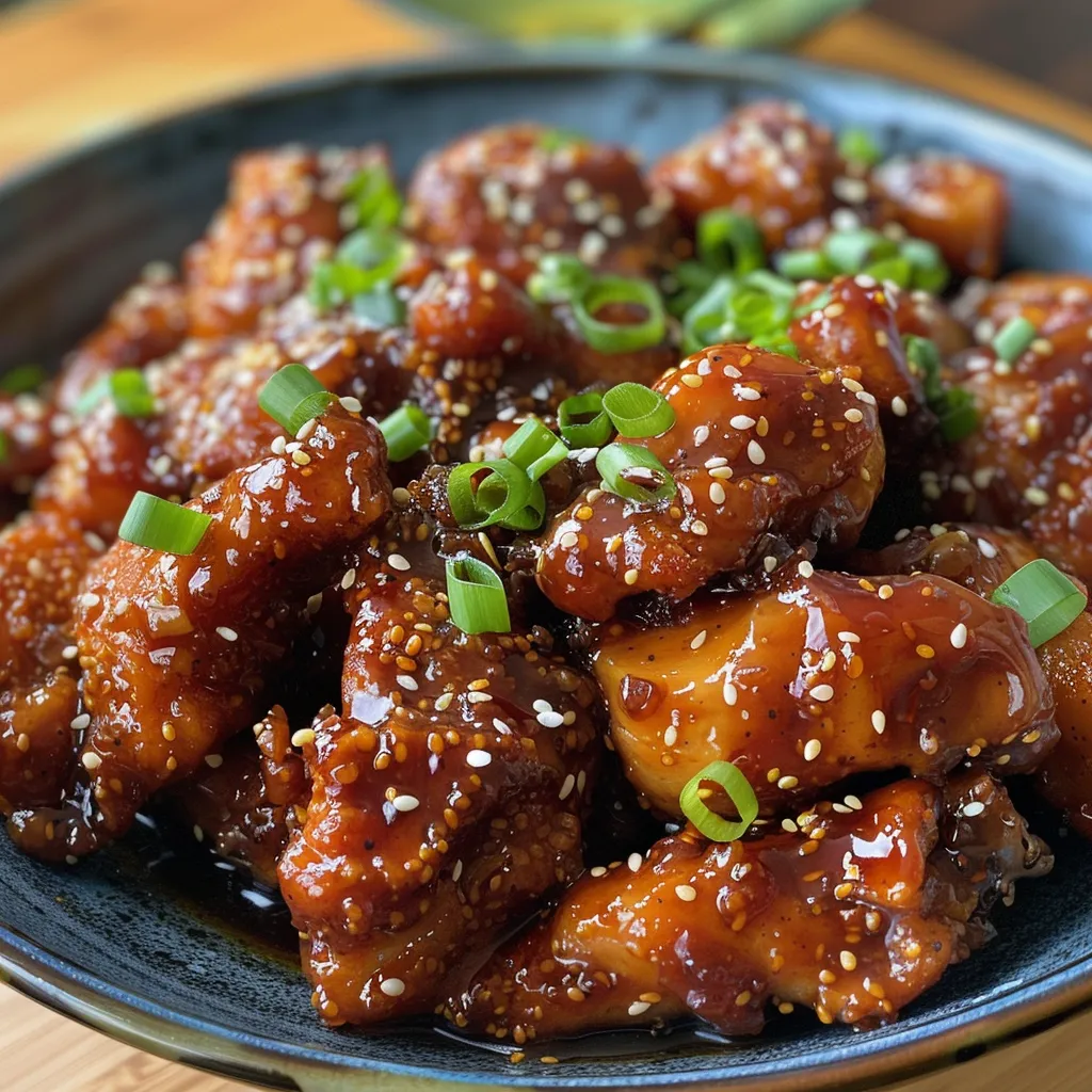 Side view of glazed chicken thigh, showcasing its sticky sauce and garnish.