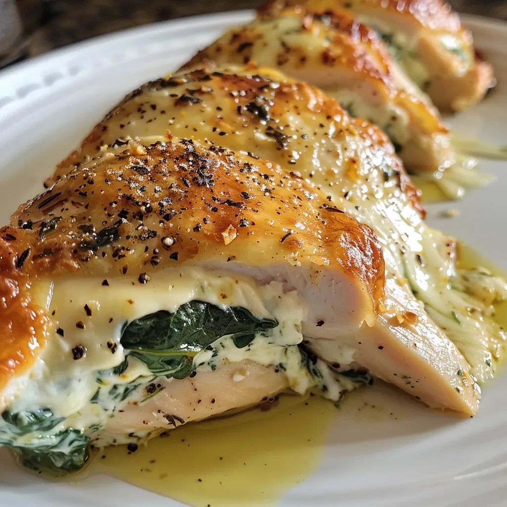 Side view of a succulent chicken breast, showcasing its creamy spinach and cheese filling.