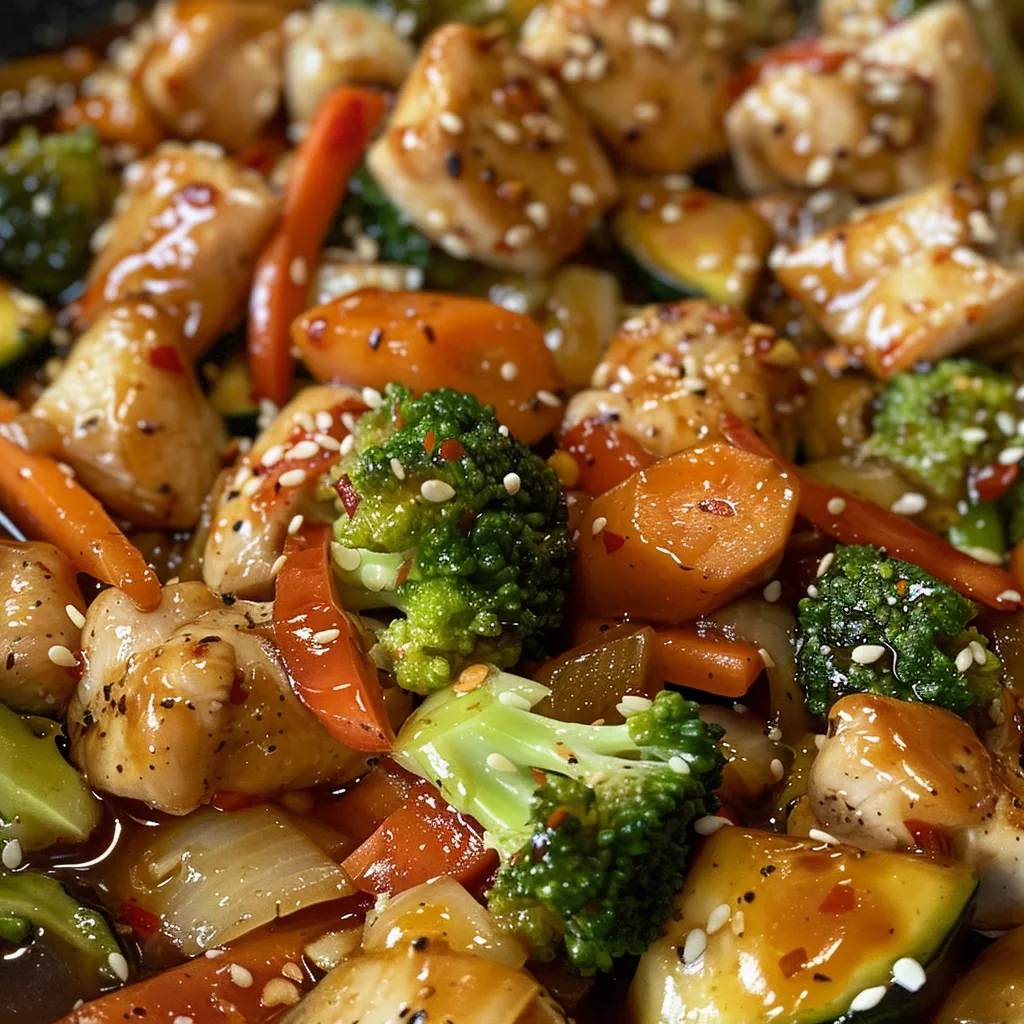 Detailed shot of a bowl filled with Sweet Chili Chicken Stir Fry, featuring chicken and vibrant veggies.