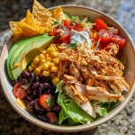 A vibrant taco salad bowl filled with shredded chicken, black beans, corn, and fresh toppings.