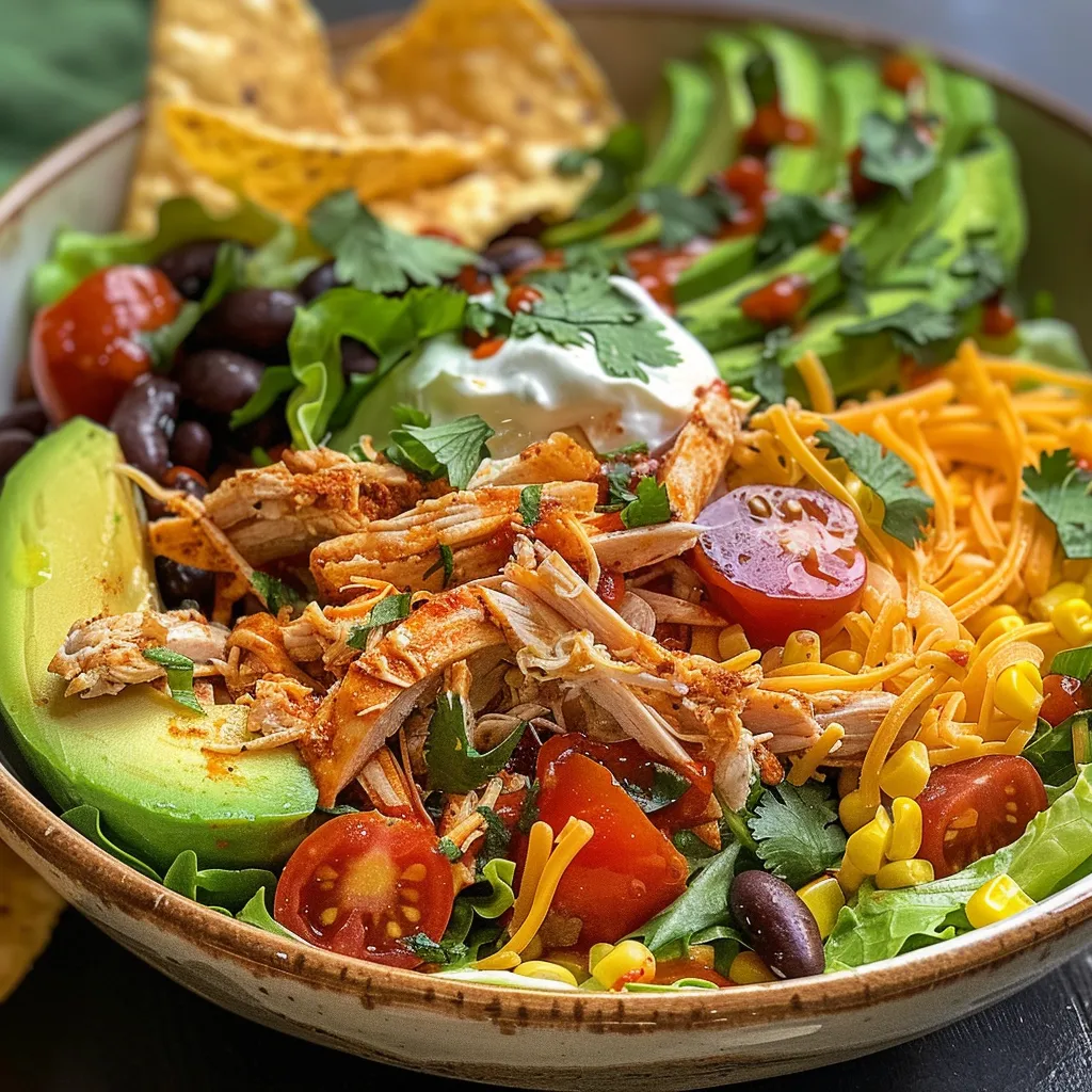 Close-up of a delicious taco salad bowl showcasing layers of chicken, lettuce, and colorful vegetables.