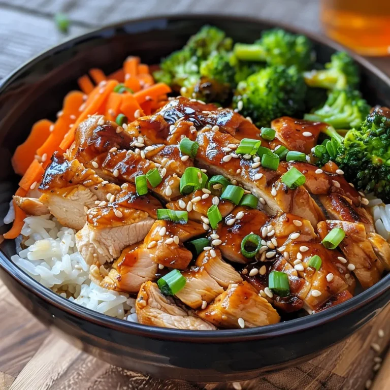 A close-up view of a Teriyaki Chicken Bowl featuring juicy chicken, broccoli, and carrots.