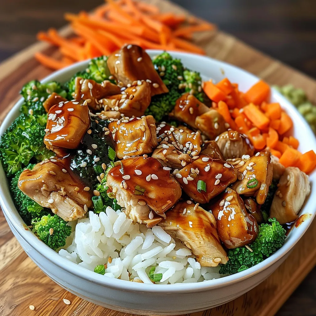 Side view of a colorful Teriyaki Chicken Bowl with rice, vegetables, and sesame seeds.