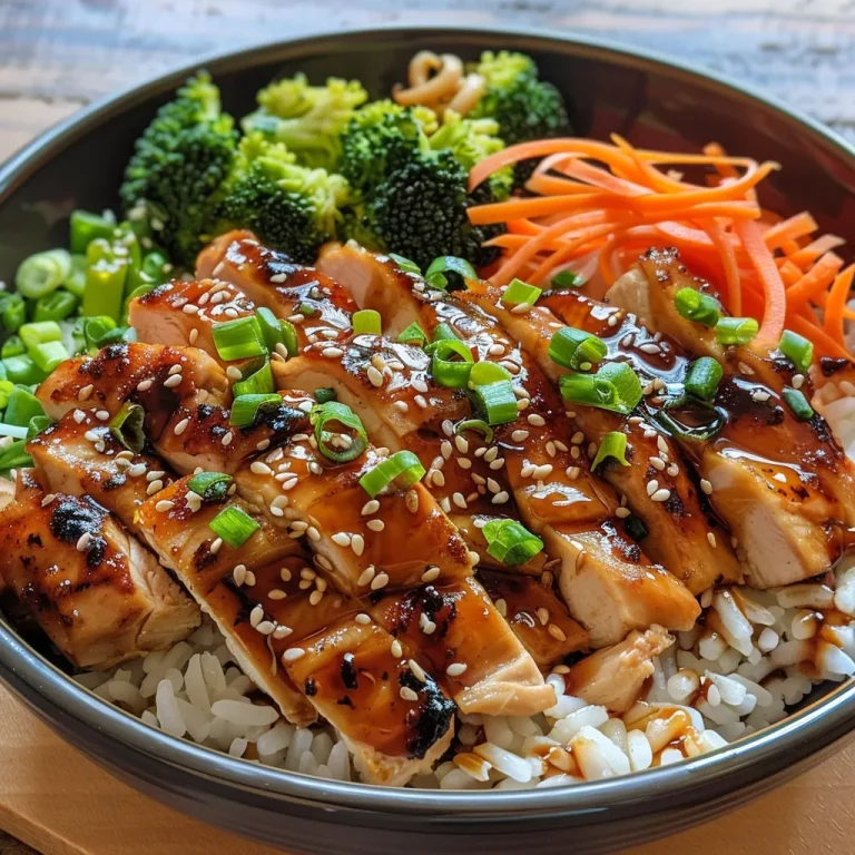 A close-up view of a Teriyaki Chicken Rice Bowl with tender chicken and colorful toppings.