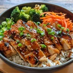 Close-up view of a Teriyaki Chicken Rice Bowl with vibrant toppings.
