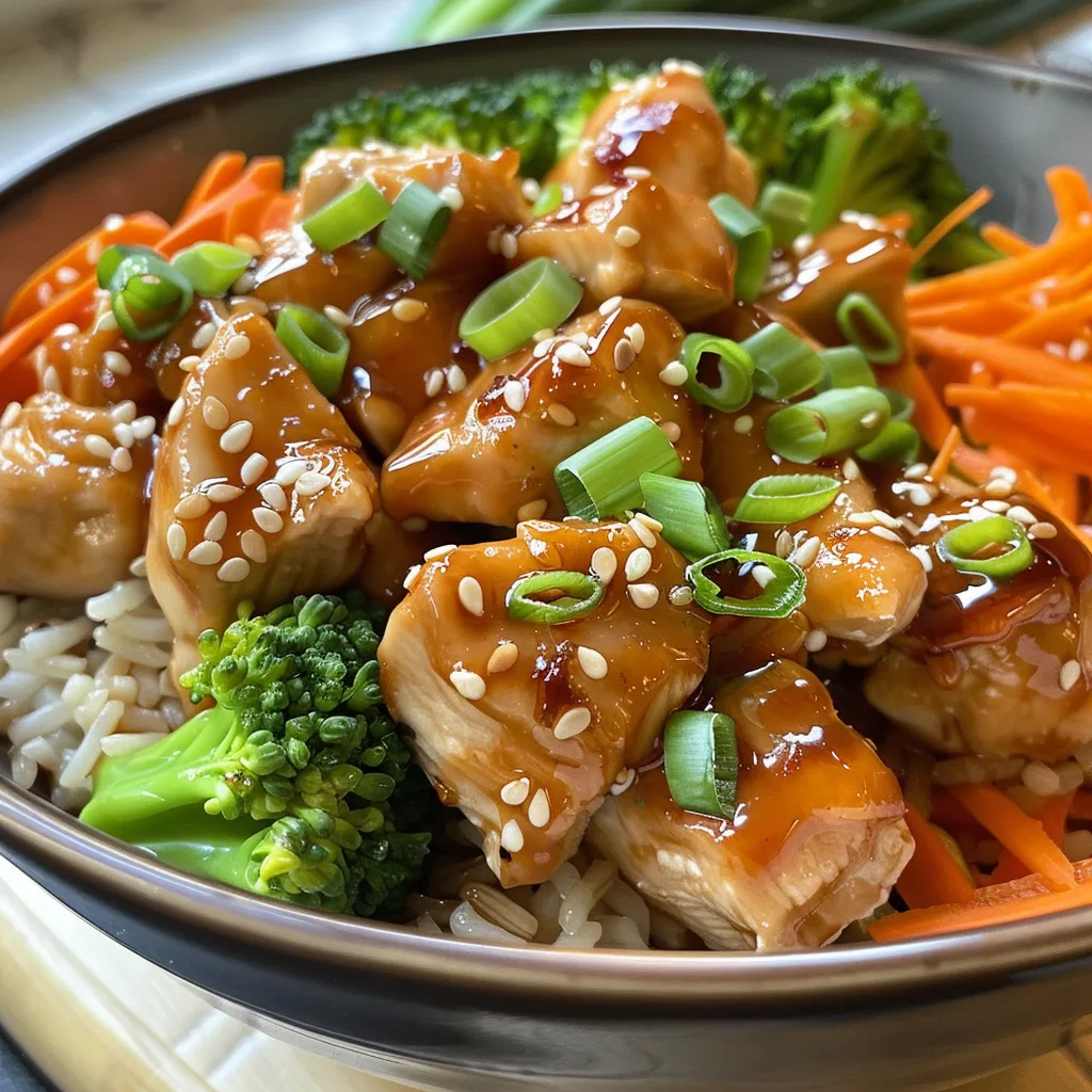 A side view of a delicious Teriyaki Chicken Rice Bowl featuring juicy chicken over fluffy rice.
