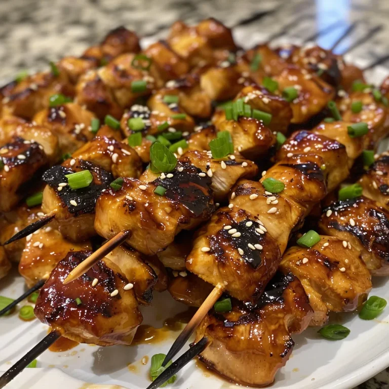 Skewered Memories: The Teriyaki Chicken That Brings Us Together Juicy Teriyaki chicken skewers garnished with sesame seeds and green onions.