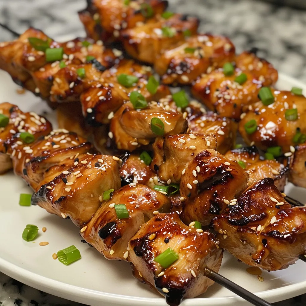 Close-up of grilled Teriyaki chicken skewers on a plate, glistening with sauce.