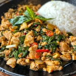 Close-up of a sizzling Thai Basil Chicken Skillet with vibrant ingredients.