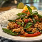 Close-up of vibrant Thai Basil Chicken, showcasing ground chicken and fresh basil.