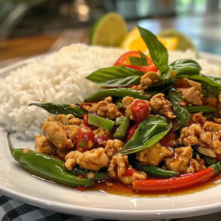 Close-up of vibrant Thai Basil Chicken, showcasing ground chicken and fresh basil.