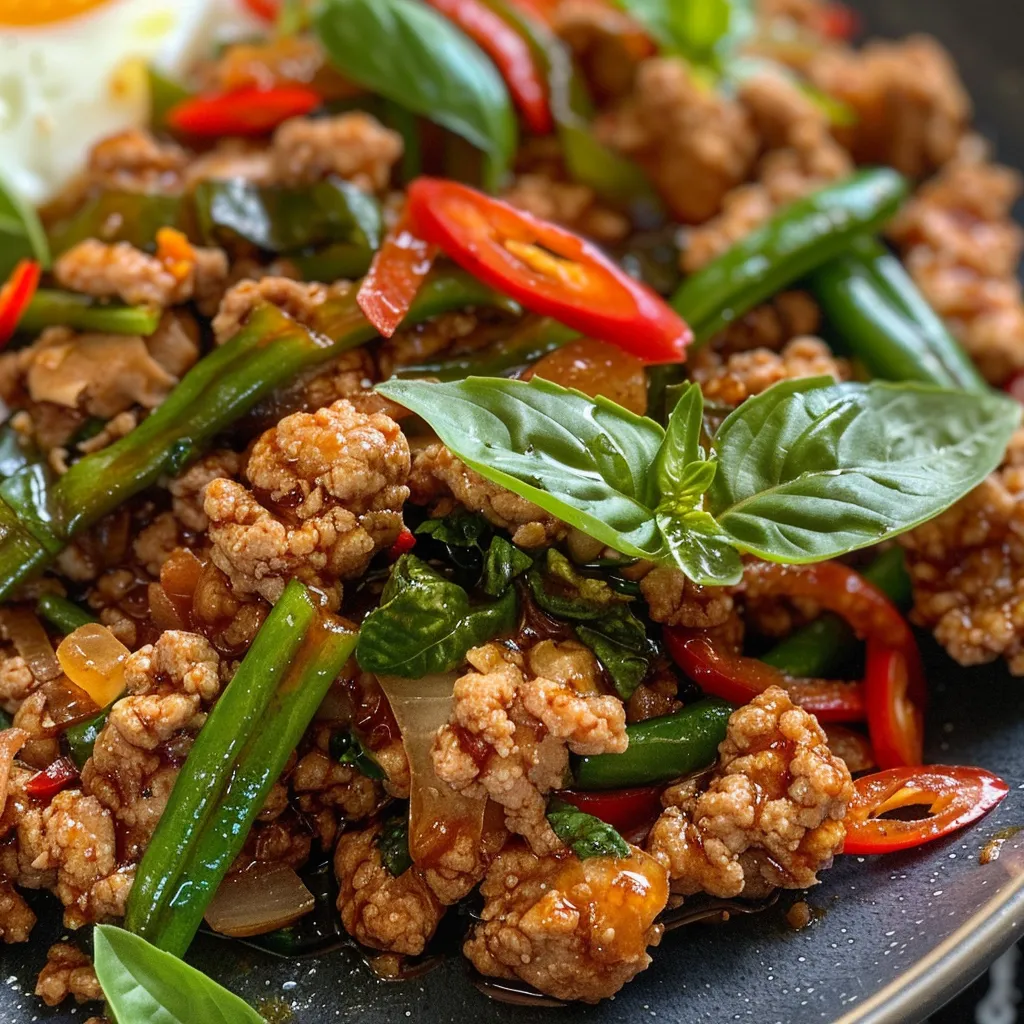 Juicy Thai Basil Chicken dish with colorful ingredients, including peppers and green beans.