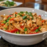 Close-up of Thai Peanut Chicken Noodles with colorful vegetables.