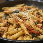 Juicy Tuscan Chicken Pasta with rigatoni, sun-dried tomatoes, and spinach, garnished with Parmesan cheese.