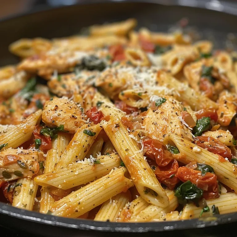 Juicy Tuscan Chicken Pasta with rigatoni, sun-dried tomatoes, and spinach, garnished with Parmesan cheese.