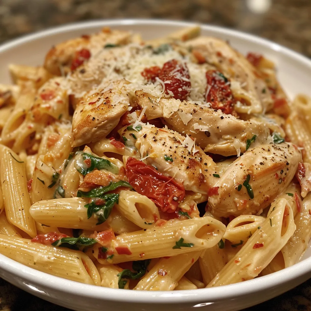 Close-up view of a creamy Tuscan Chicken Pasta dish featuring chicken pieces and cherry tomatoes.