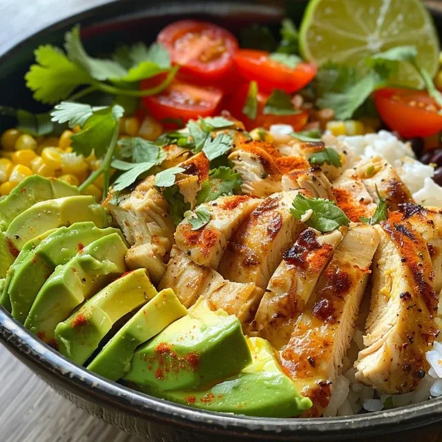 A Heartwarming Creamy Avocado Chicken Rice Bowl That Feels Like Home A close-up side view of a creamy avocado chicken rice bowl, featuring chicken, avocado, and rice.