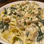 Close-up of a creamy lemon chicken dish, garnished with parsley and lemon slices.