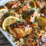 A close-up side view of One-Pan Honey Butter Garlic Chicken with rice and garnishes.