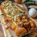 A close-up side view of BBQ Chicken Stuffed Bread with a golden-brown crust.