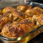 Close-up view of baked paprika chicken with a golden-brown exterior, garnished with spices.