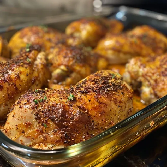 The Baked Paprika Chicken Recipe That Warmed Our Hearts Close-up view of baked paprika chicken with a golden-brown exterior, garnished with spices.