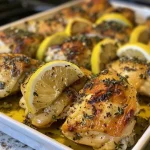 Close-up view of a juicy Greek Lemon Chicken thigh with herbs.