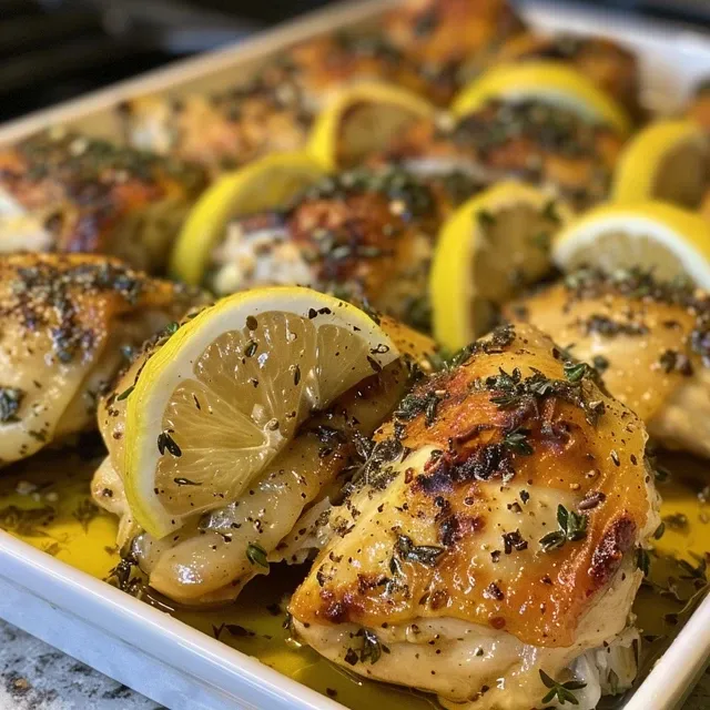 The Zesty Lemon Chicken That Brightens Family Gatherings Close-up view of a juicy Greek Lemon Chicken thigh with herbs.