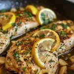 Juicy lemon garlic chicken in a skillet with golden-brown pieces and fresh herbs.