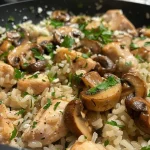 A close-up view of a bowl of One Pot Chicken & Mushroom Rice, showcasing juicy chicken pieces and fresh mushrooms.