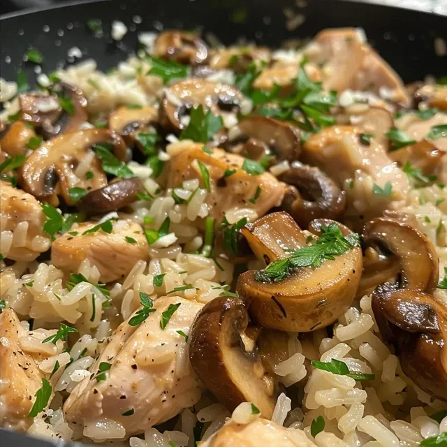 The One-Pot Chicken Mushroom Rice That Brings Us All Together A close-up view of a bowl of One Pot Chicken & Mushroom Rice, showcasing juicy chicken pieces and fresh mushrooms.