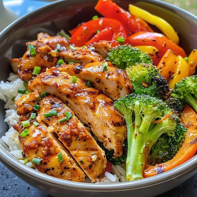 The Power Bowl That Packs a Punch of Flavor and Nourishment Close-up of a Chicken and Veggie Power Bowl with colorful ingredients.