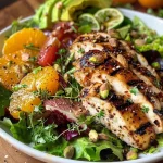 A close-up view of a grilled chicken and citrus salad featuring colorful ingredients.
