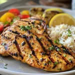 Juicy grilled chicken breasts served with brown rice and mixed vegetables on a white plate.