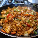 A close-up view of Chicken Stir-Fry with Rice Noodles, featuring colorful mixed vegetables.