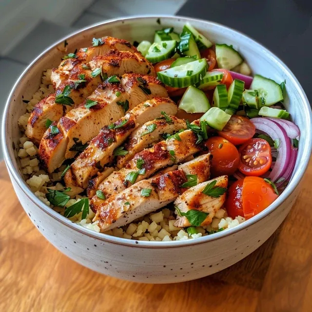 A Hearty Mediterranean Chicken Couscous Bowl to Gather Around Close-up of a Mediterranean chicken couscous bowl with colorful vegetables and herbs.