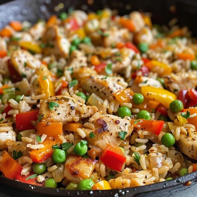 A Hearty Chicken Skillet That Brings the Family Together A colorful Chicken, Rice, and Vegetable Skillet with diced chicken, bright bell peppers, broccoli, and rice.