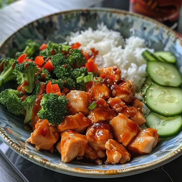 A Hearty Spicy Chicken Veggie Rice Plate That Warms the Soul A colorful plate featuring spicy chicken, broccoli, cooked rice, sliced cucumbers, and guacamole.