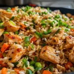 Close-up of crispy garlic chicken fried rice with colorful vegetables.