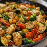 Close-up of a chicken and vegetable skillet with vibrant colors and juicy pieces of chicken.