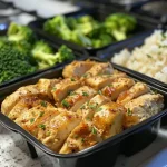 Juicy chicken breasts served over fluffy jasmine rice and vibrant broccoli florets.