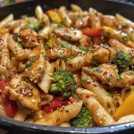 Close-up view of Spicy Honey Garlic Chicken Pasta with colorful bell peppers and broccoli.