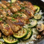 Close-up view of a Chicken Zucchini Rice Skillet with colorful vegetables and chicken pieces.