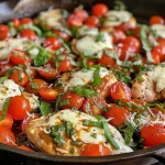 Close-up view of a Chicken Caprese Skillet with vibrant tomatoes and melted mozzarella.