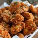 Juicy, golden-brown crispy buttermilk chicken bites arranged on a plate with a small bowl of spicy garlic dip.